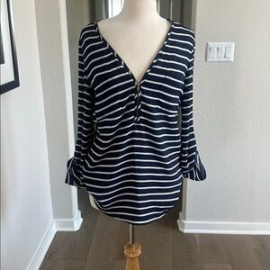 Navy and White Striped V-Neck Blouse w zipper to adjust neckline to desired spot